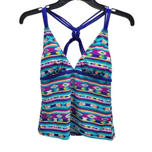 Hula Honey Women's Bright Neon‎ Blue Southwest Navajo Pattern Macrame Tankini L